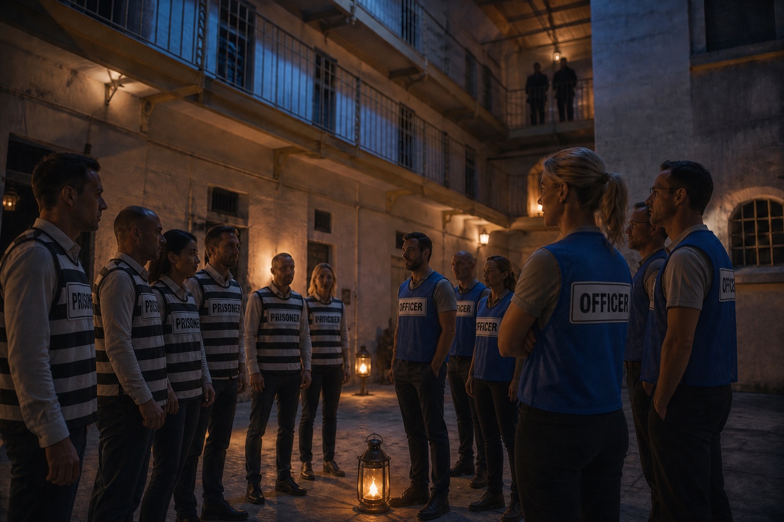 Story-world concept: guests formed in the yard — striped PRISONER vests facing blue OFFICER vests