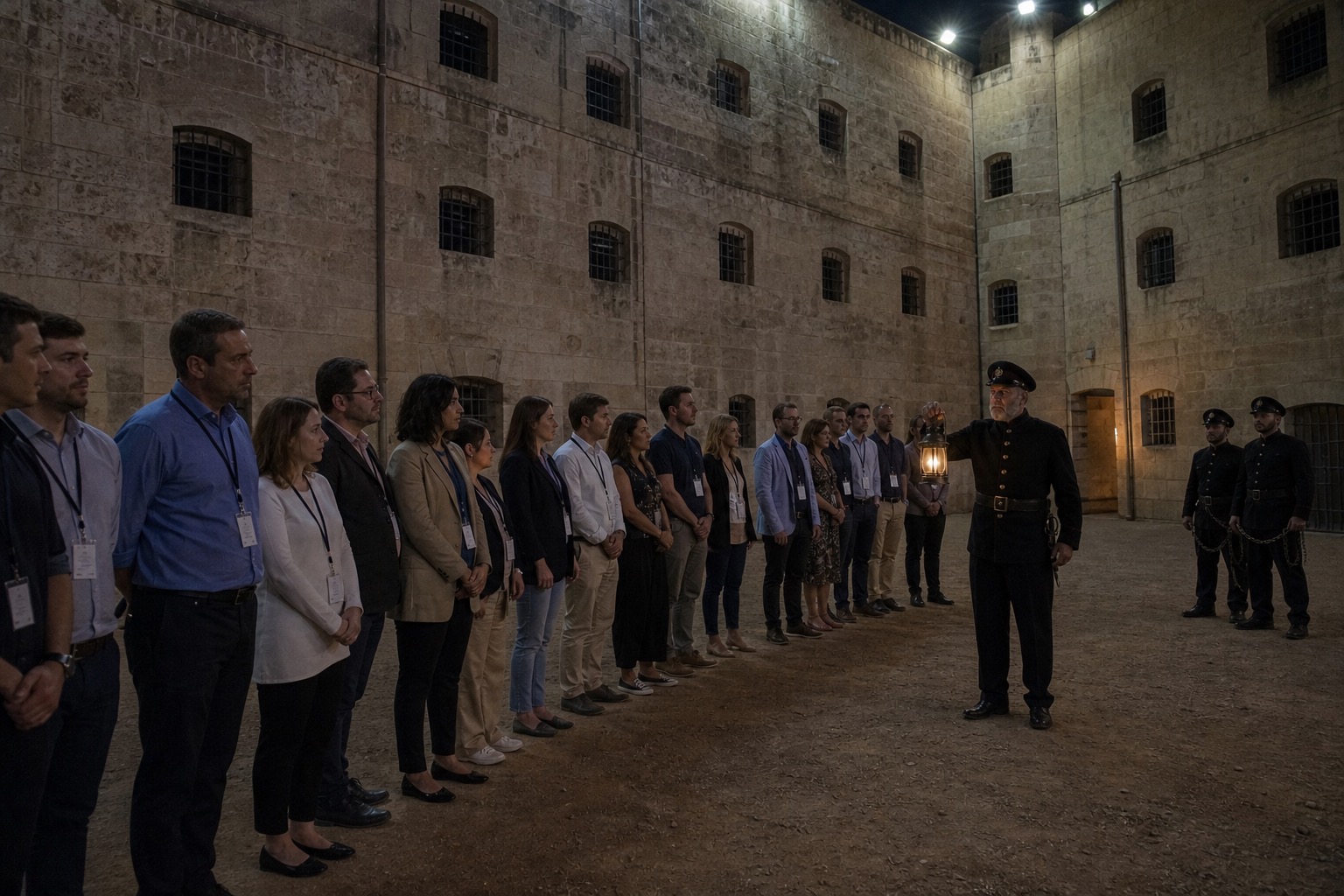 Story-world concept: period Governor with lantern inspects a large corporate group in the Kordin yard
