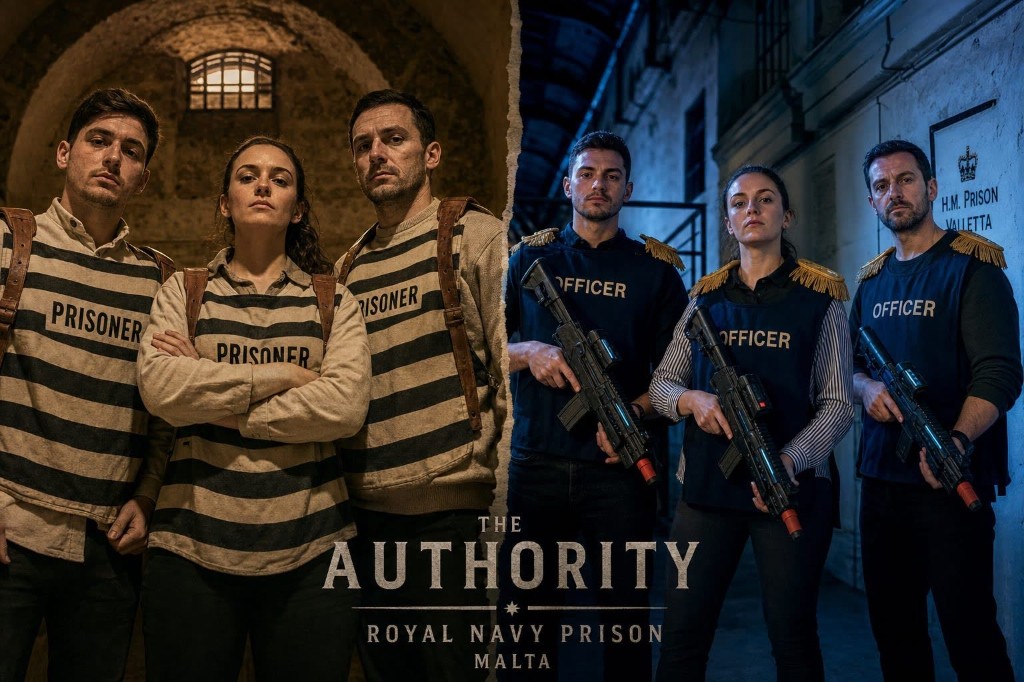Story-world concept: same guests as Prisoners in striped kit and as Officers in blue OFFICER vests