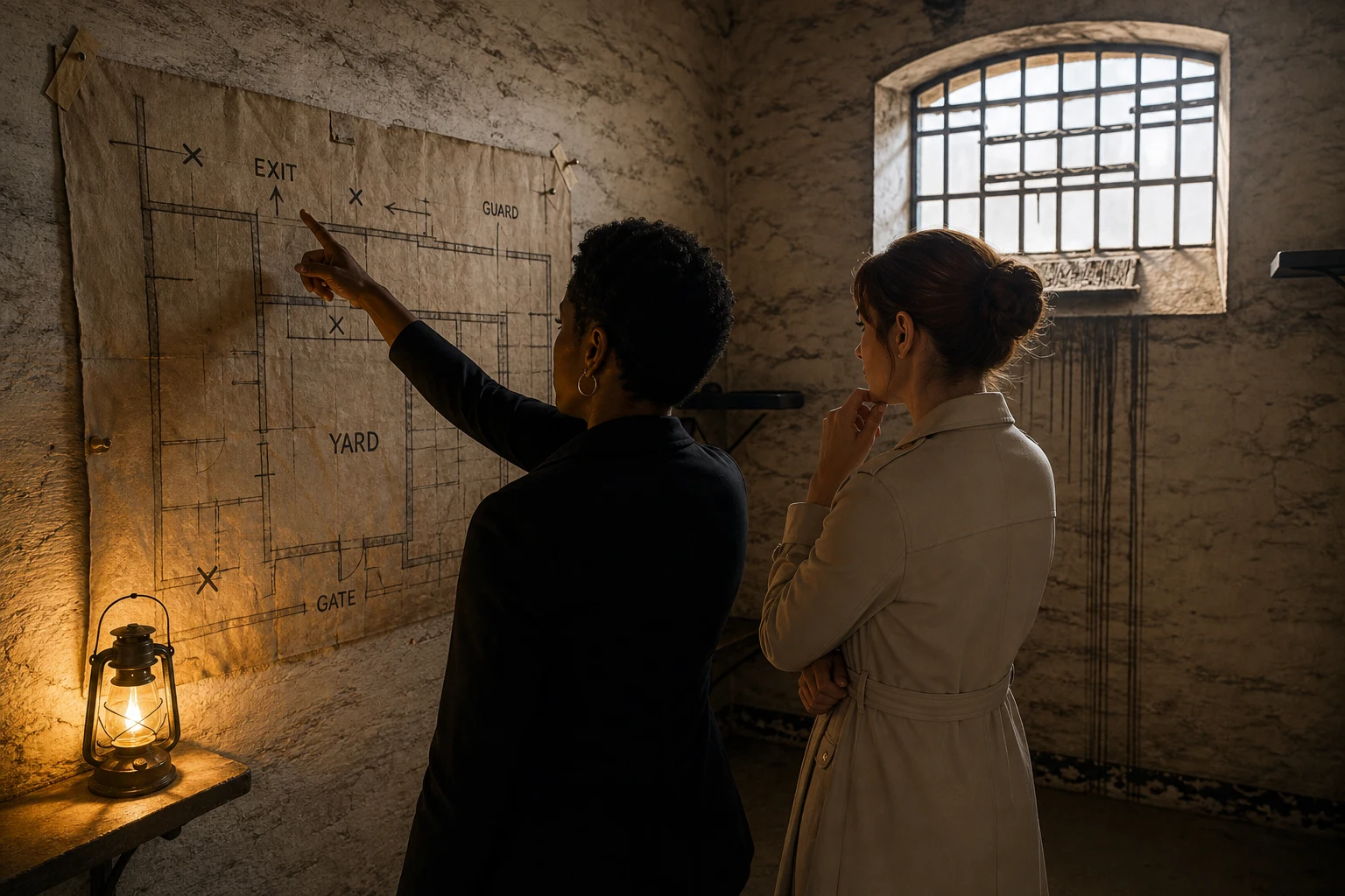 Story-world concept of two female colleagues studying a fictional paper plan