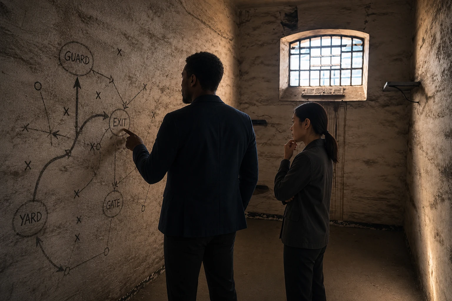 Story-world concept of two colleagues considering a fictional route drawn on a cell wall