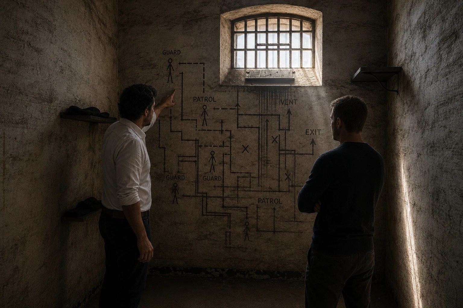 Story-world concept of two male colleagues comparing ideas beside a fictional wall plan